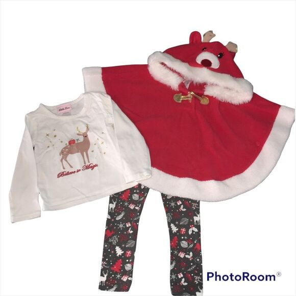 3 Pc Christmas Outfit Poncho Shirt Pants Sz 2T Deer Red White - Picture 1 of 10